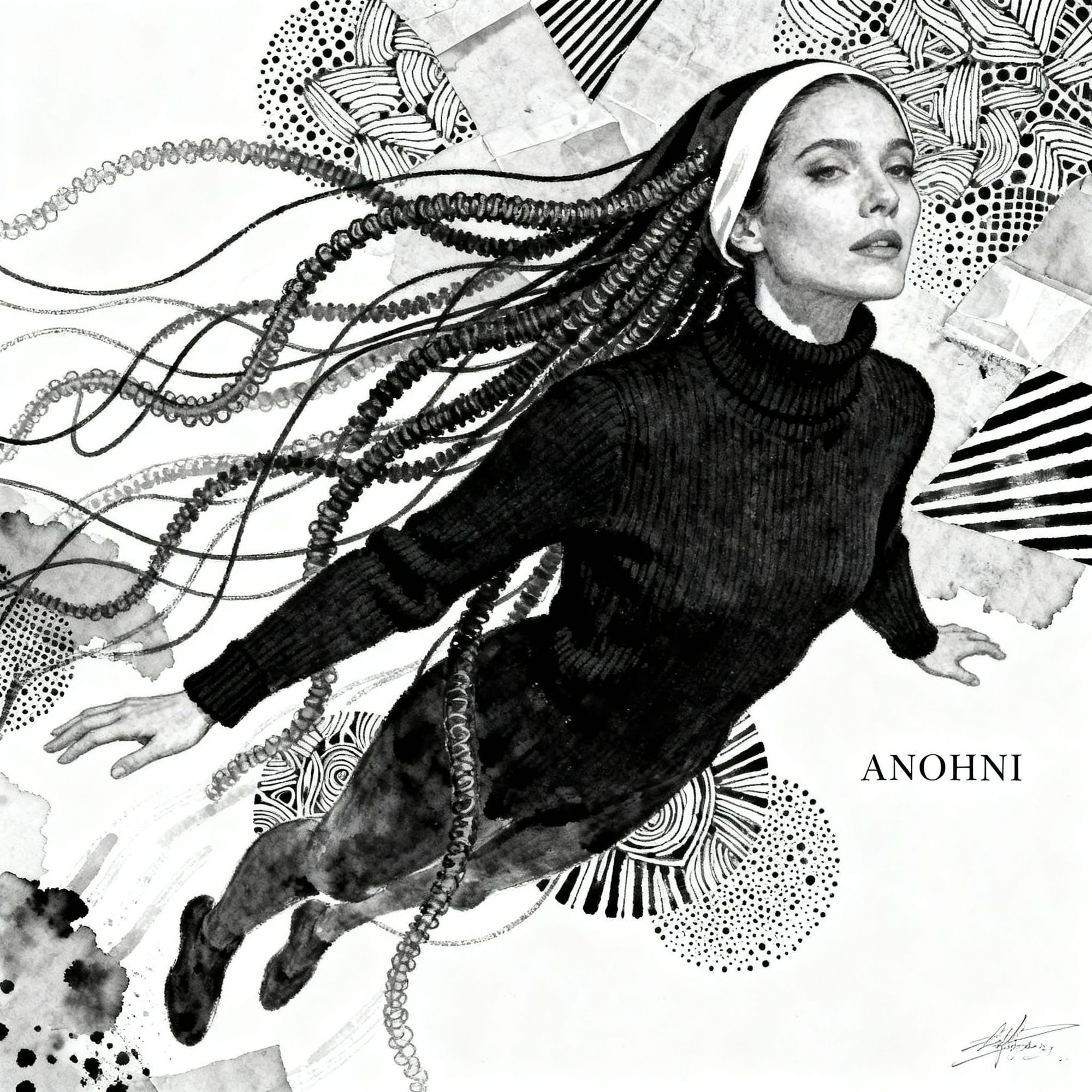 Pointillism and zentangle patterns, china ink drawing, portrait of a woman in  black turtleneck sweater,  long tentacules wires hair, graphi...