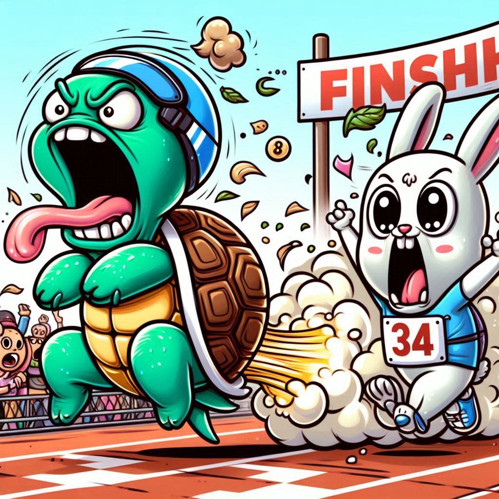 A farting turtle accelerating with high speed and win the ra...