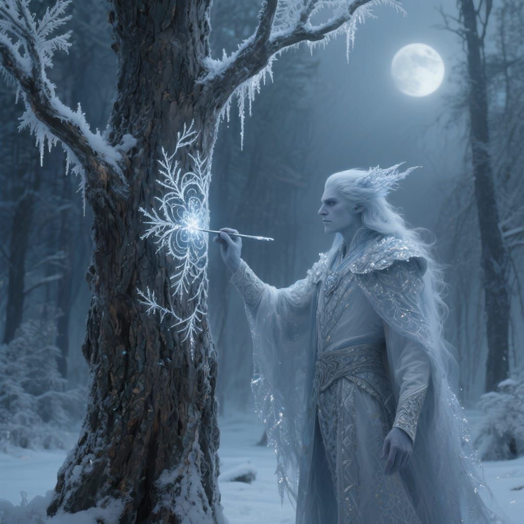 Jack Frost painting frost patterns onto the branches of a single, ancient tree   by @Duleigh