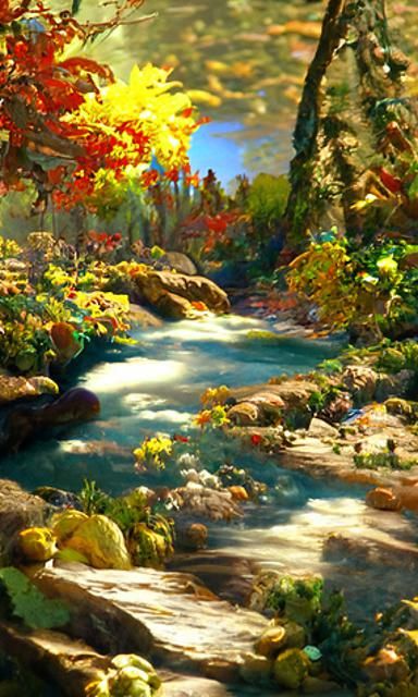 A beautiful painting of a river full of clear cystal deep bl...