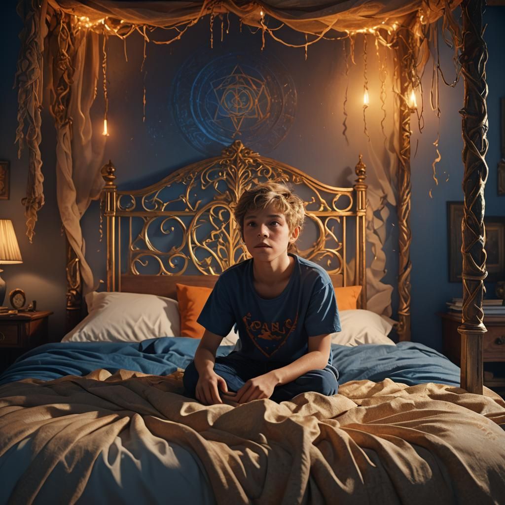 A boy feel panic and he is sit behind the bed .