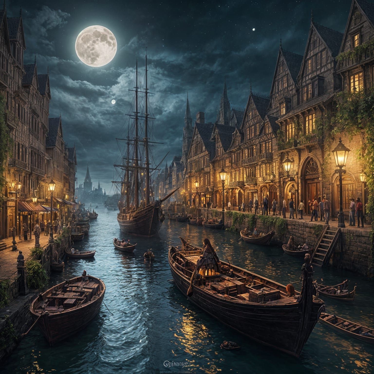 Fantasy medieval port city at night under full moon, detailed wooden houses with warm glowing windows, ...  by @Likvi