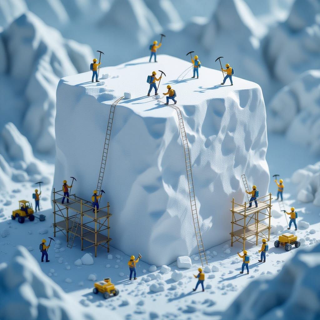 A squared white eraser in an isometric environment, resembling a massive rock formation. Tiny micro figures of people, similar to constructi...