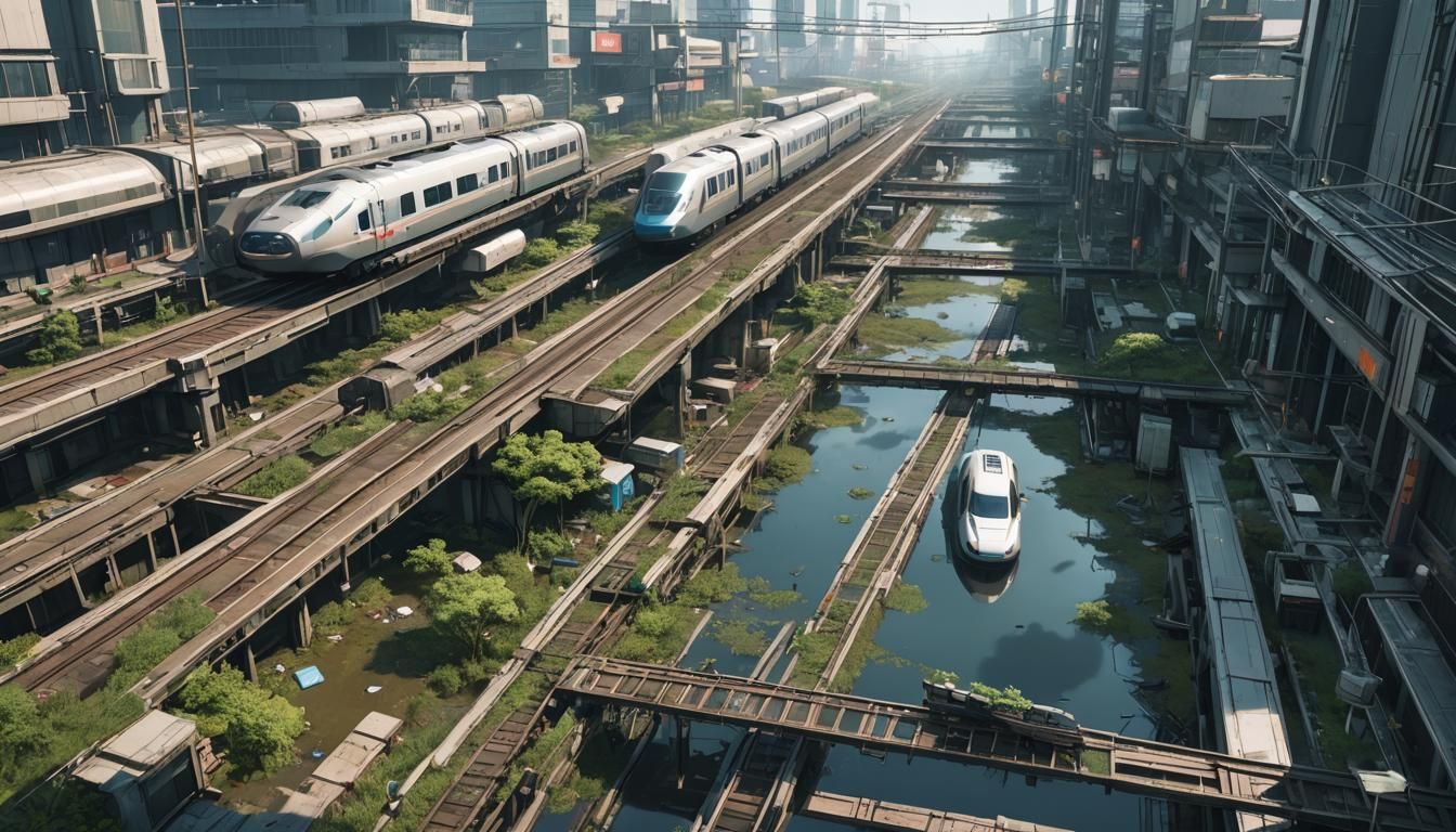 cyberpunk city, trash, modern bullet train, swamp, seen from...