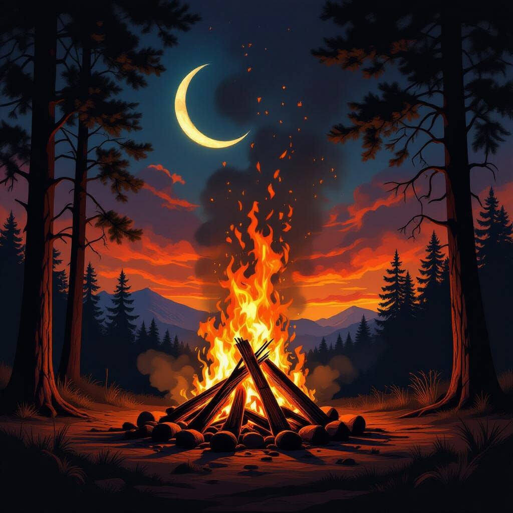 A bonfire like the ones in ancient pagan rituals or celebrations. Large with flames going up towards the crescent moon. Trees on the sides b...