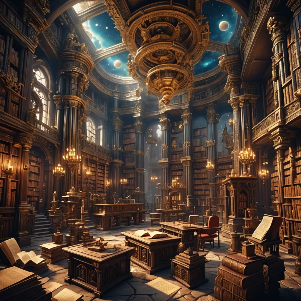The ancient library of heaven, the book of life, highly detailed, full of scrolls, celestial   by @TFLEXGAMING 