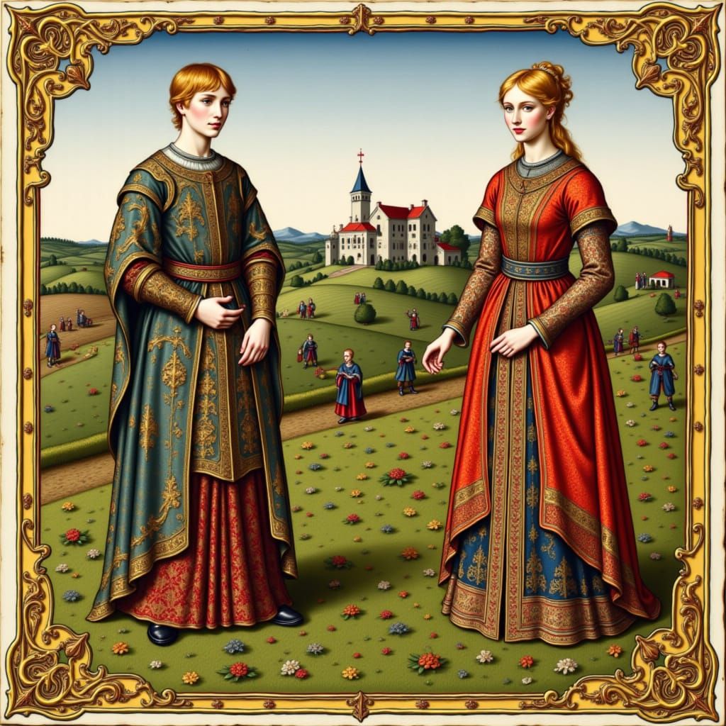 A medieval pastoral scene, showing a lord and lady standing in the foreground, with serfs tilling the fields near an abbey in the background...