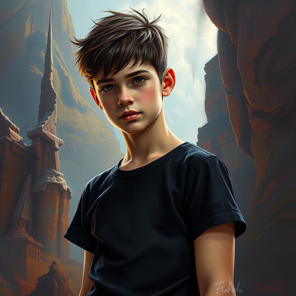 A portrait of cool looking thirteen-year-old dressed in a fitted black t-shirt.
  by @Memon40