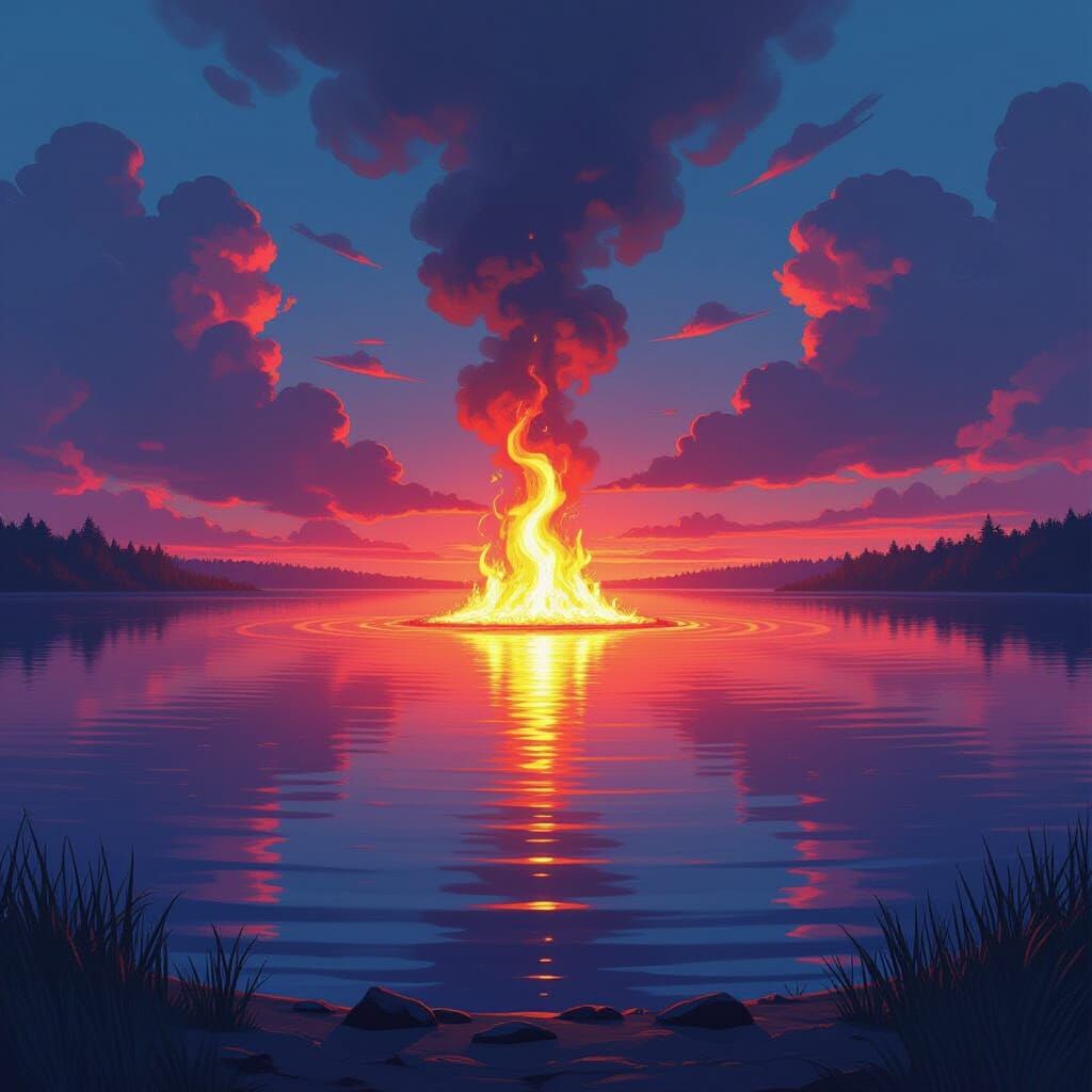 Mesmerizing Fire Burns in Center of Mysterious Lake