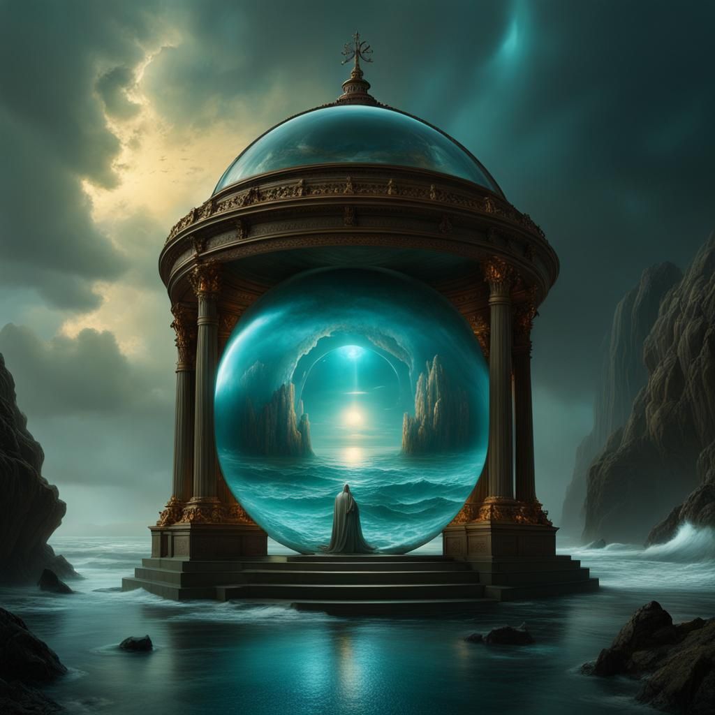 a temple inside a huge bioluminescent mystical orb reflecting ambient