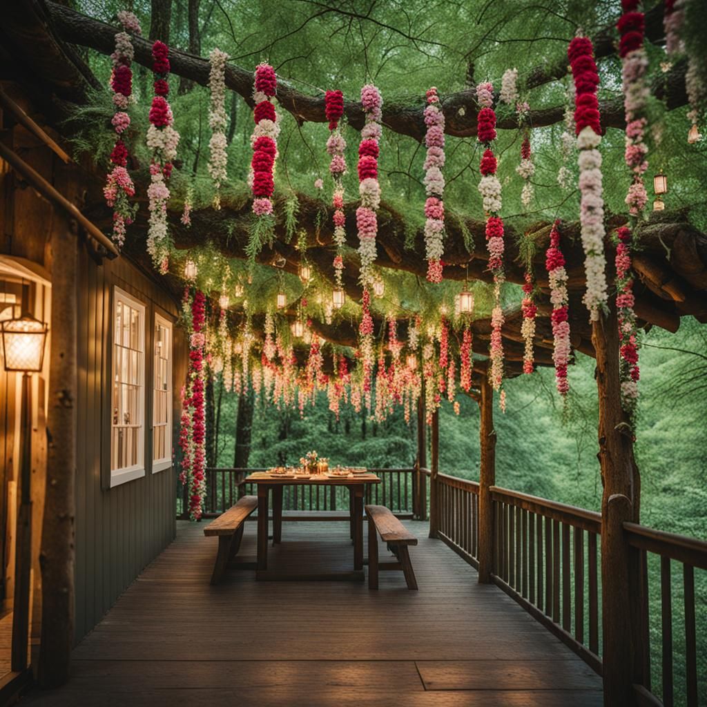 Garlands Of Flowers Hung On The Trees In A Forest Surroundin...