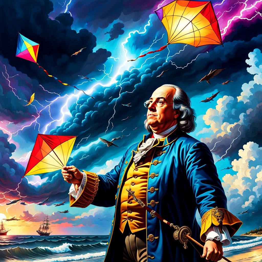 Benjamin FRANKLIN Flying a kite - AI Generated Artwork - NightCafe Creator