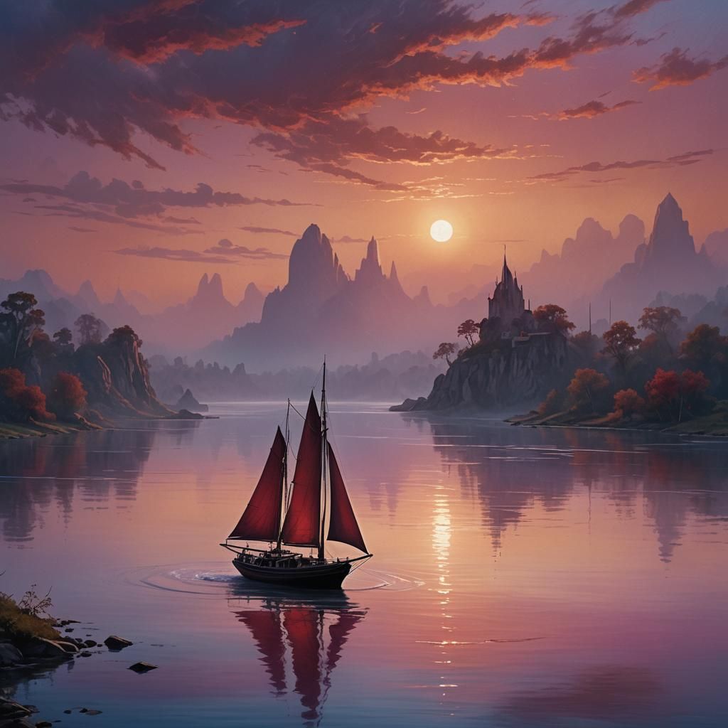 Sailboat Glides Down River at Sunset: Watercolor Painting