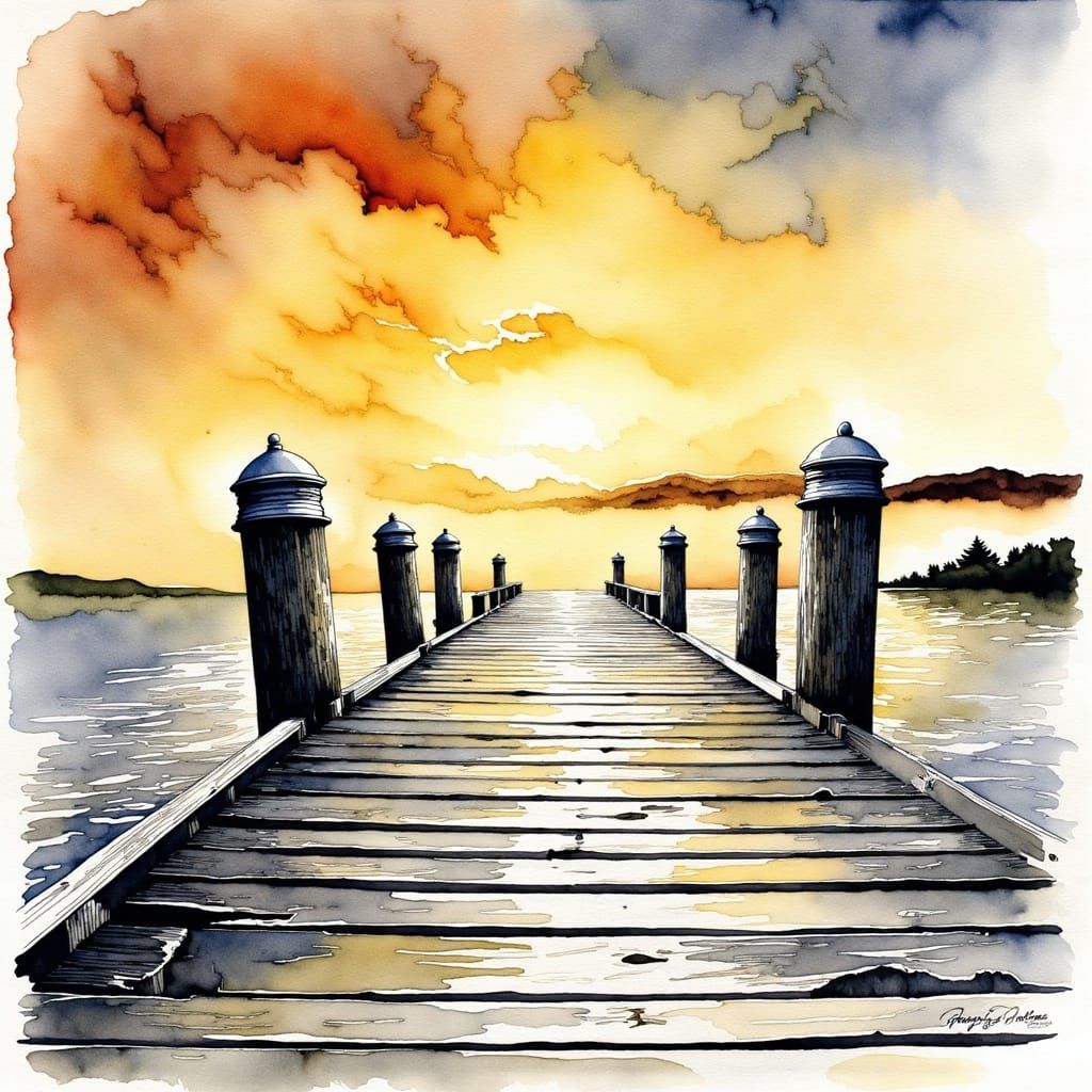  <lora:Avian Ink Flux:1.0> A watercolor ink wash painting of a dock at sunset