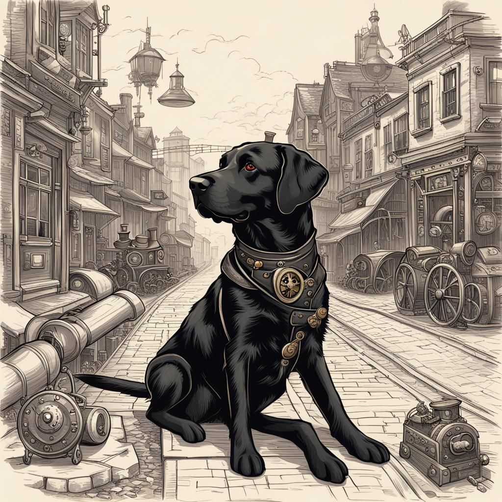 cute black labrador in steampunk town