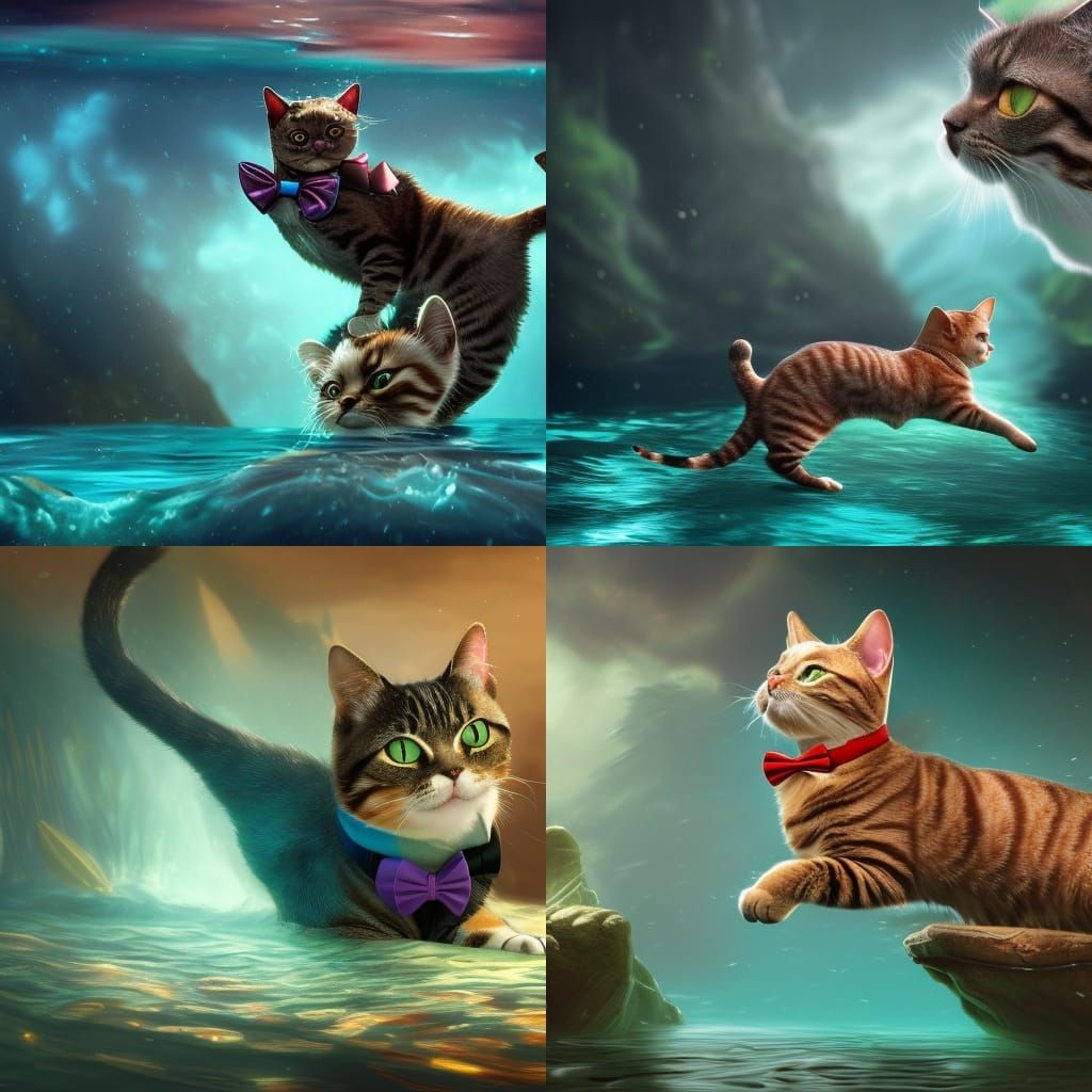 Cat swimming in water with a bowtie on