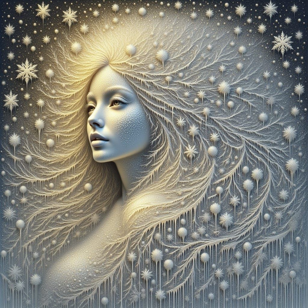 <lora:Frozen time:1.0>Beautiful woman wrapped in a snow blanket with her glowing hair made entirely of snowflakes. 
