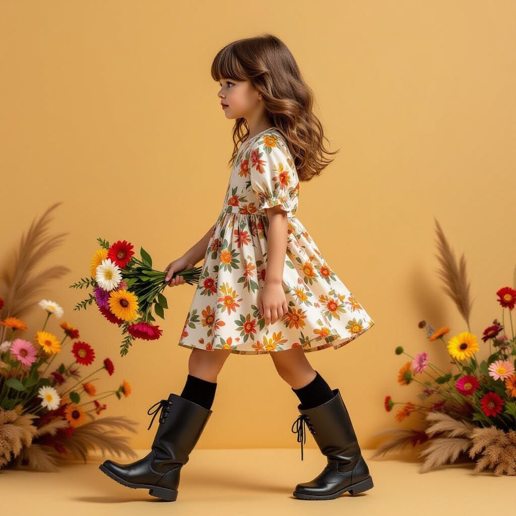 Hyperrealistic Girl with Flowers on Brown Backdrop
