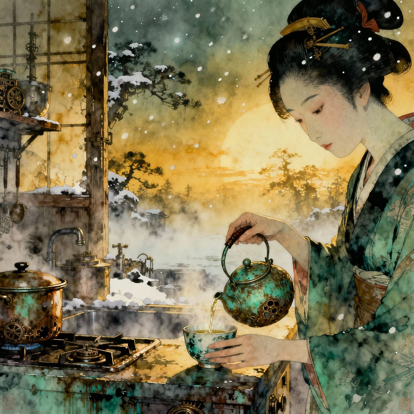 Ukiyo-e Geisha Tea Ceremony in Golden Hour Kitchen