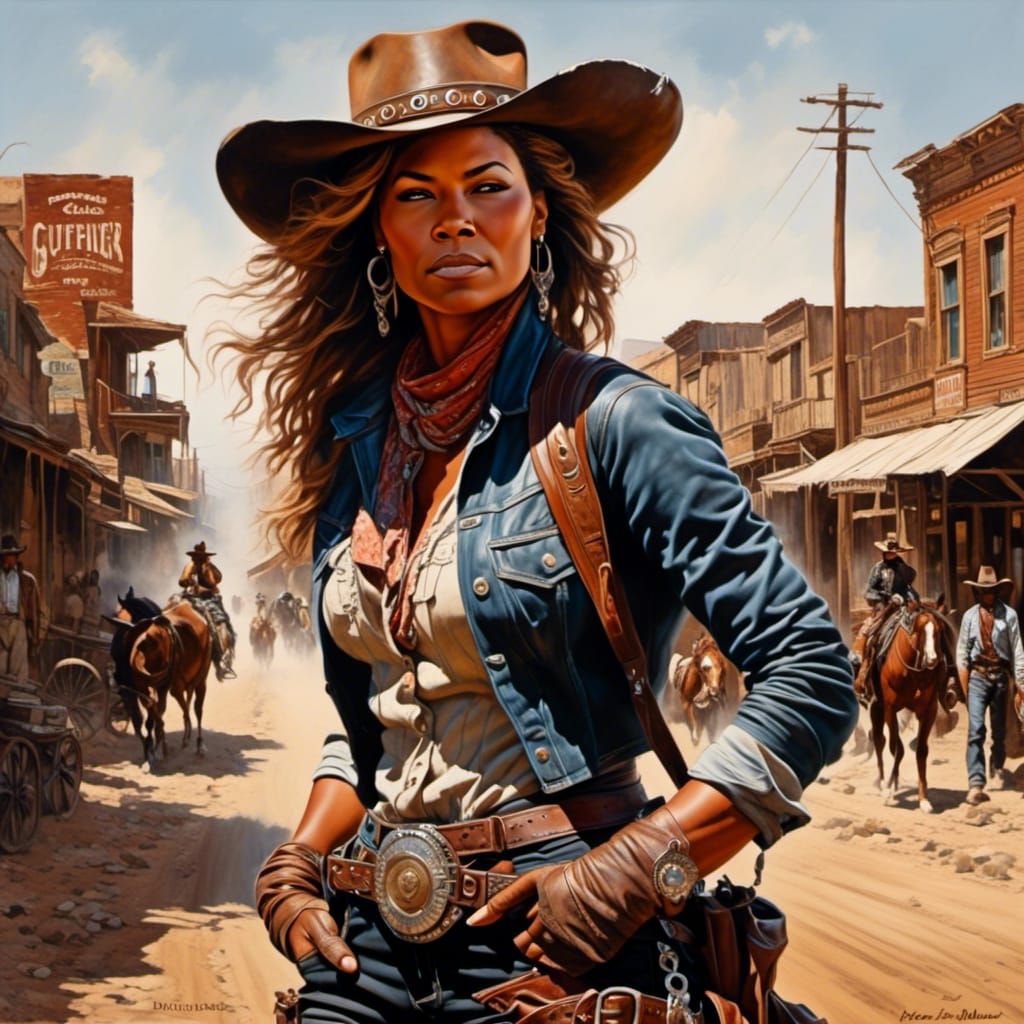 Head and shoulders portrait of a beautiful gunfighter on a d...