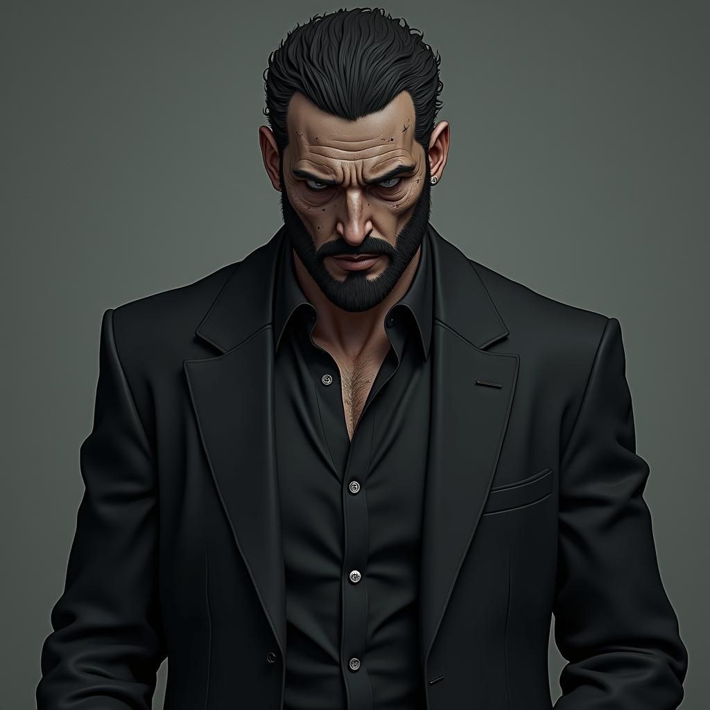 A philosophical man who looks so strong and big wearing a blazer and thinking philosophically and havig beautiful scars of fight on his face...