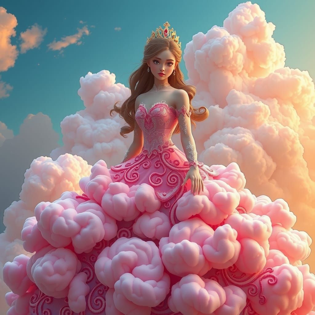 Bellissima principessa con un sontuoso abito fatto di nuvole rosa. volumetric lighting Moebius precisionism needlepoint