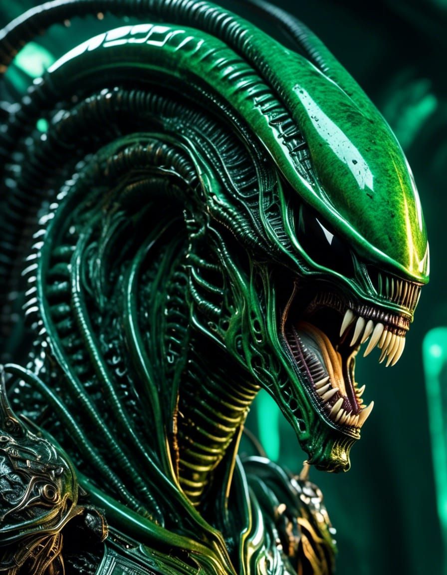 dramatic close up <lora:Xenomorph Queen:1.0> supervillain demon alien xenomorph queen with electric green ceramic armour plating fighting pr...