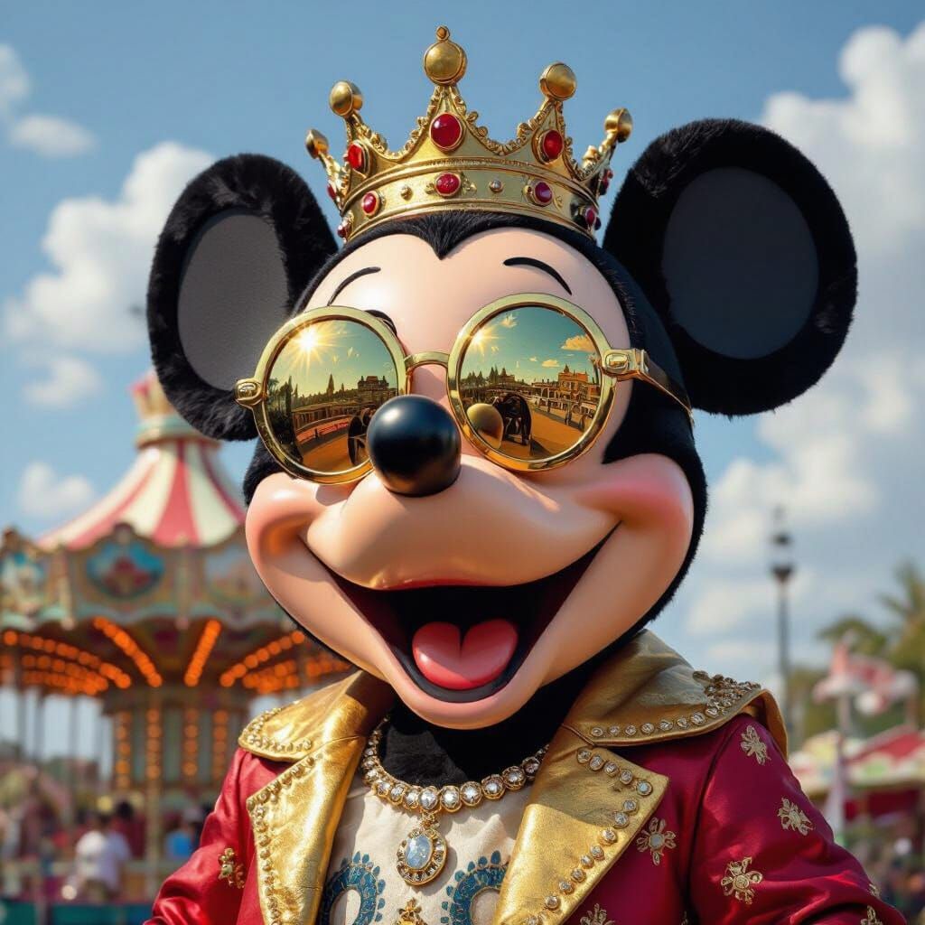 Uma pintura fotorrealista de um Mickey Mouse num estilo de arte pop-grafite. O Mickey está a sorrir, com a boca aberta a mostrar a língua. U...