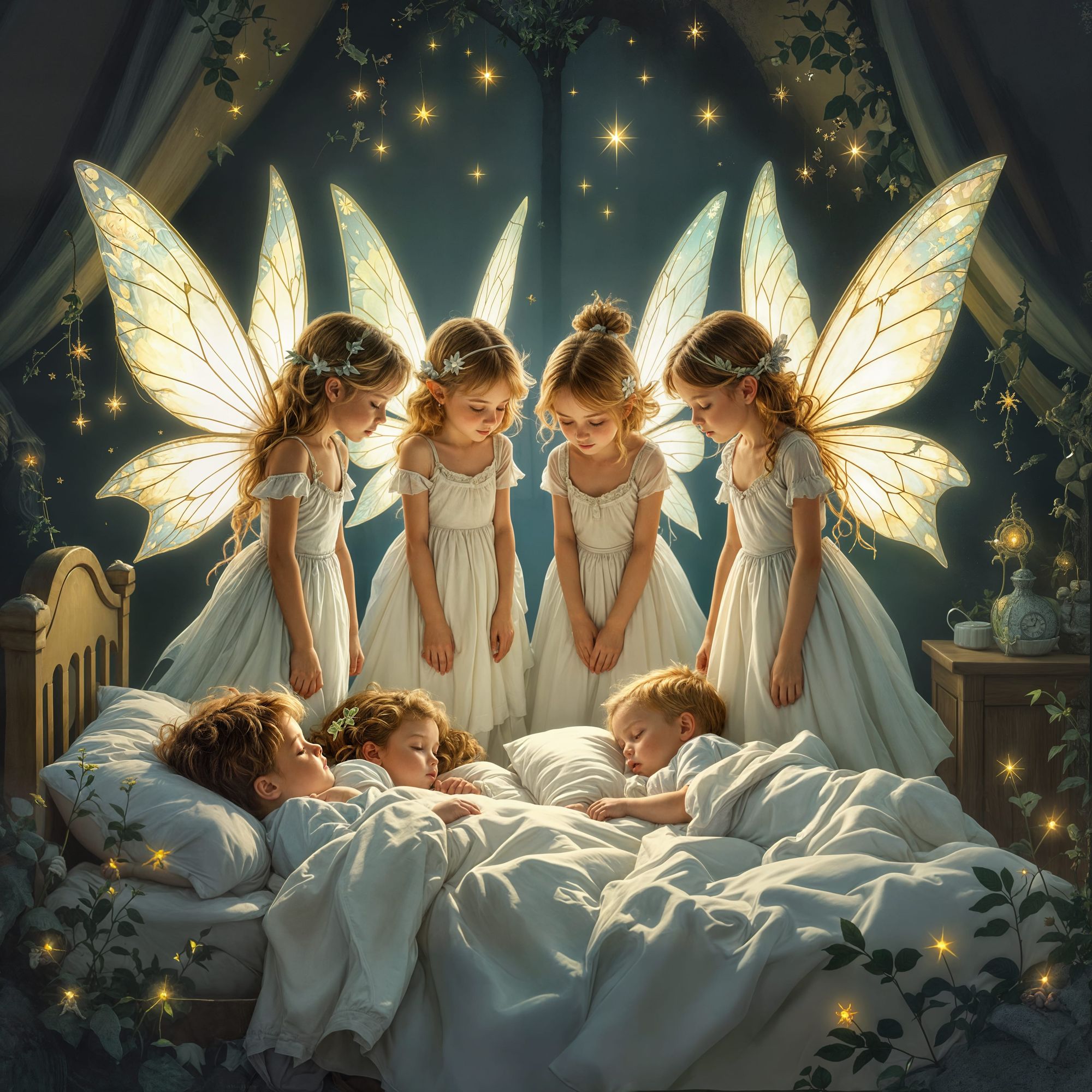 Fairies inside a home watch over three little children while they sleep. There is an older little boy, slightly younger sister, and a little...