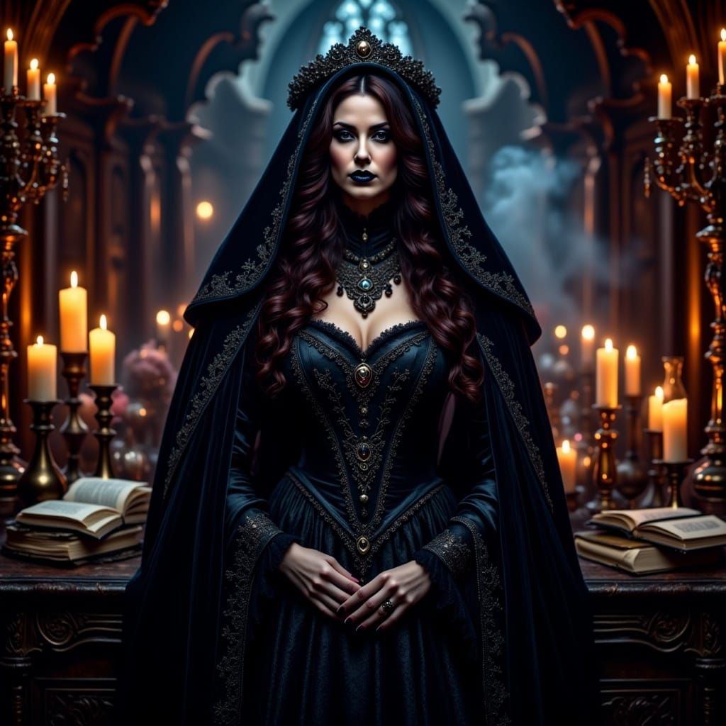 chiaroscuro art with high level of light and shadow contrast of a beautiful stunning gothic sorceress in an enchanting potion room <lora:Got...