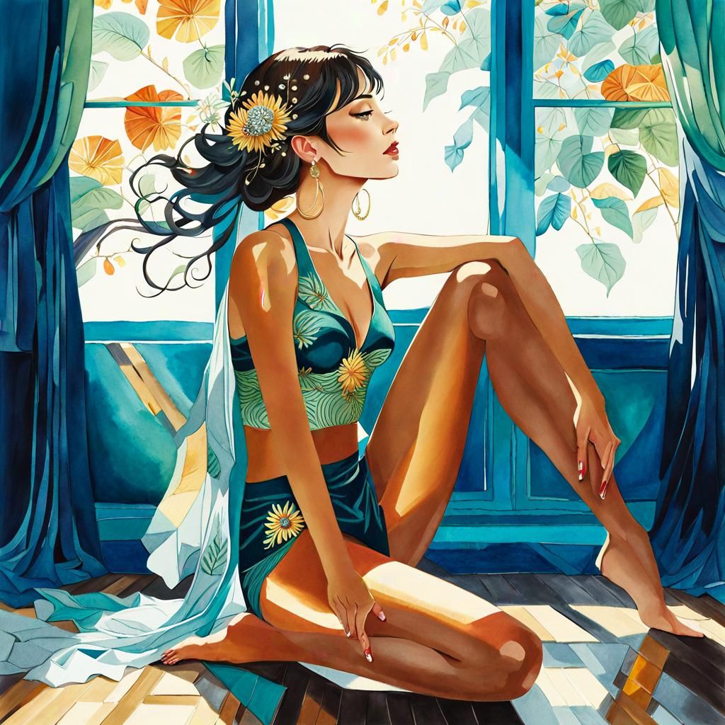 Beautiful woman sitting on the floor exposing herself to aft...