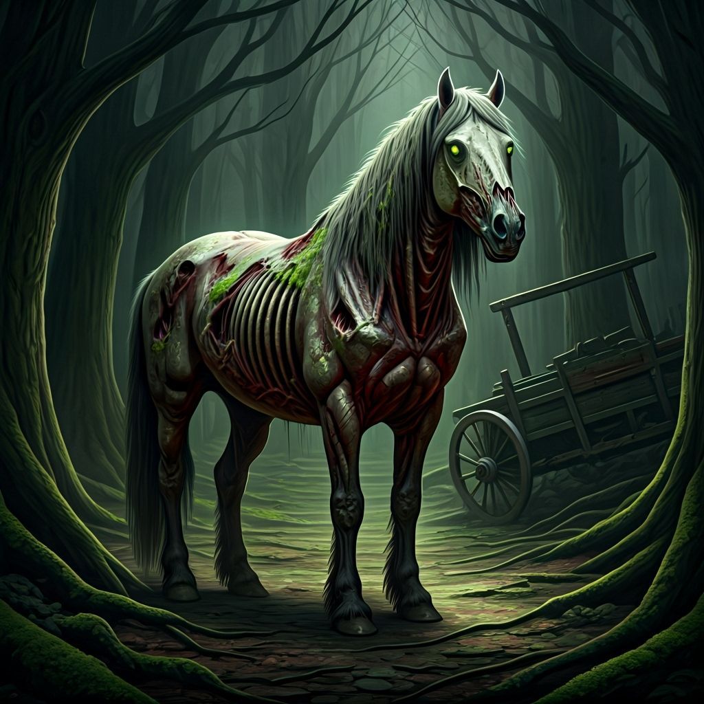 "A zombie draft horse in a forest setting, surrounded by rotten trees and tangled roots that prevent light from reaching it. The horse's dea...