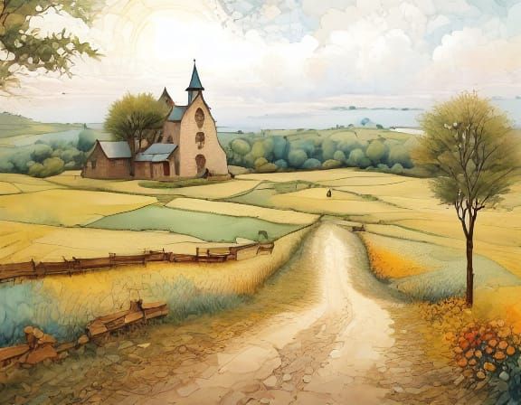 Whimsical Village Scene in Dreamy Watercolor Style