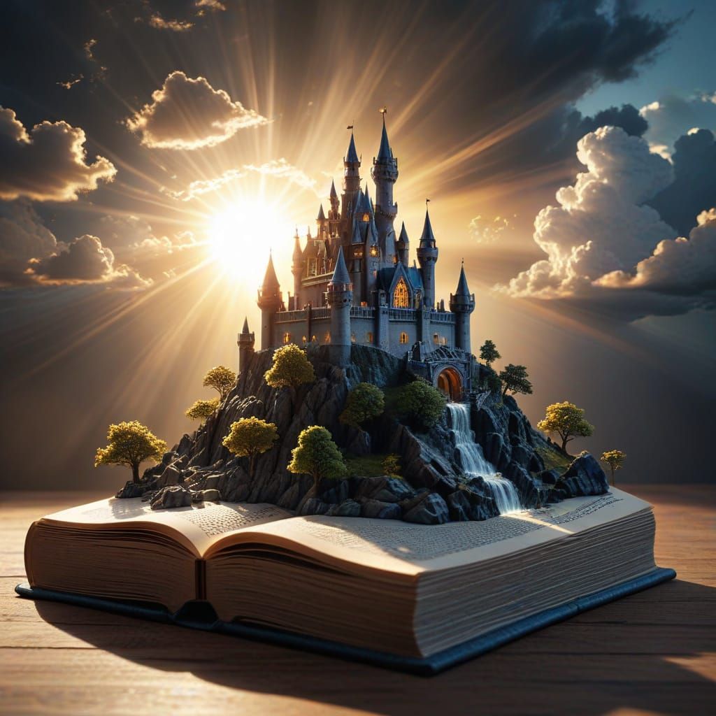 surreal castle rising from a book with clouds around the base and a miniature sun shining at the top  fantasy super detailed dynamic lightin...