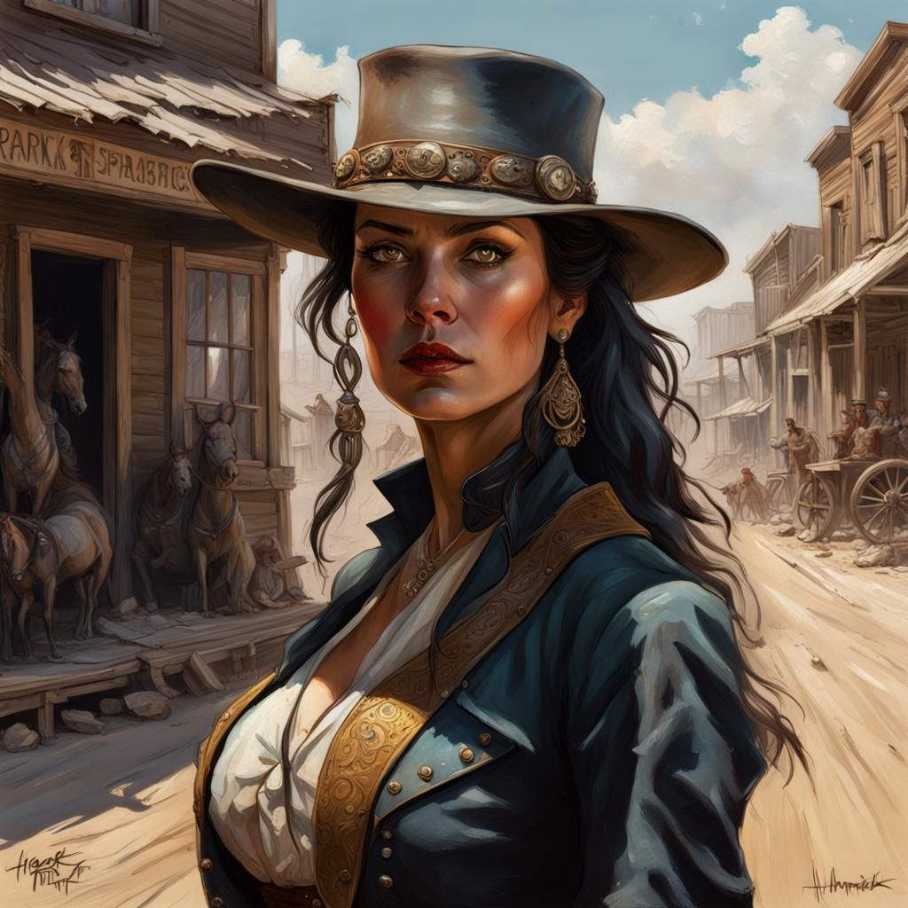 A beautiful woman sherrif in a rough western town in 1899, art by Frank ...