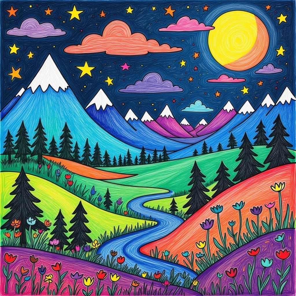 <lora:ChildhoodCrayon Flux:1.0> A magical alpine paradise with zentangle stars and moon