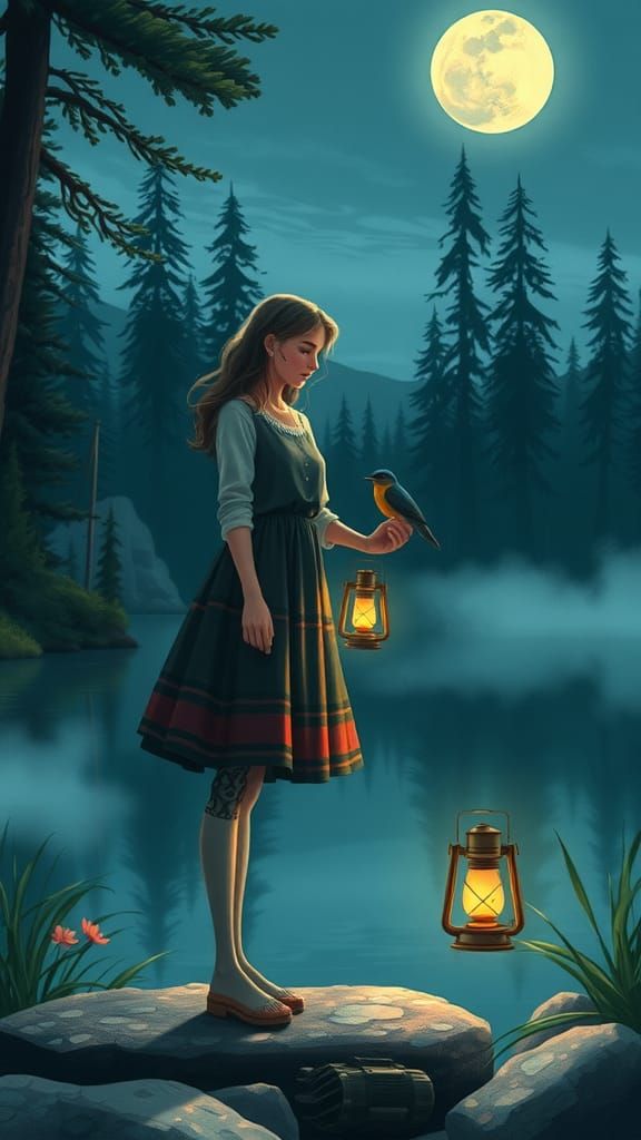 Woman with Prosthetic Leg by Moonlit Lake