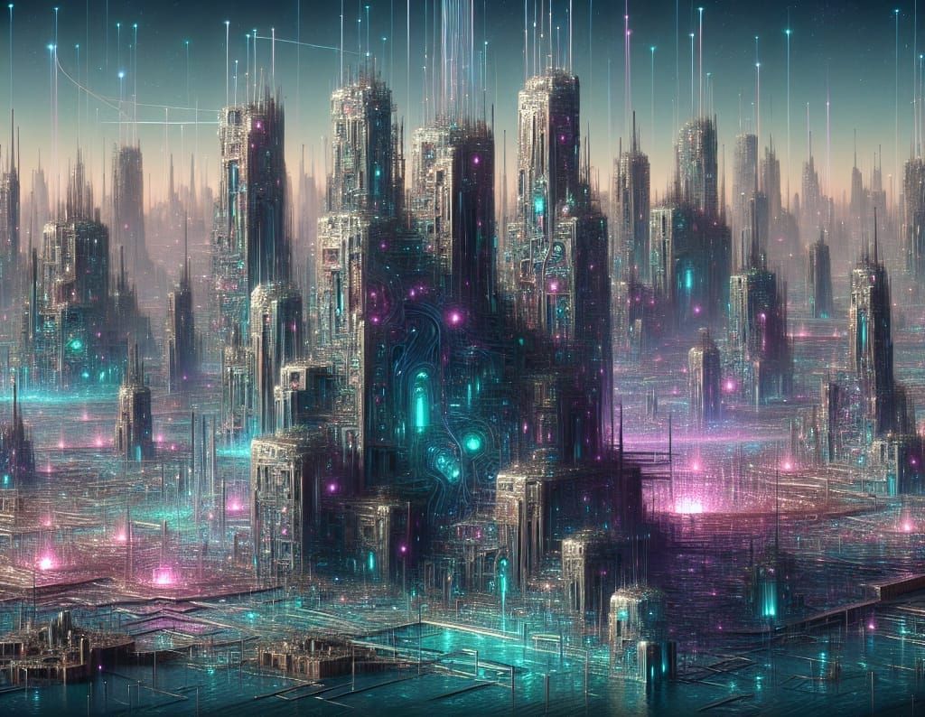 Create a surreal, sci-fi cityscape that showcases the concept of 'Anarchitecture' or 'Anarachytechture,' where towering structures appear in...