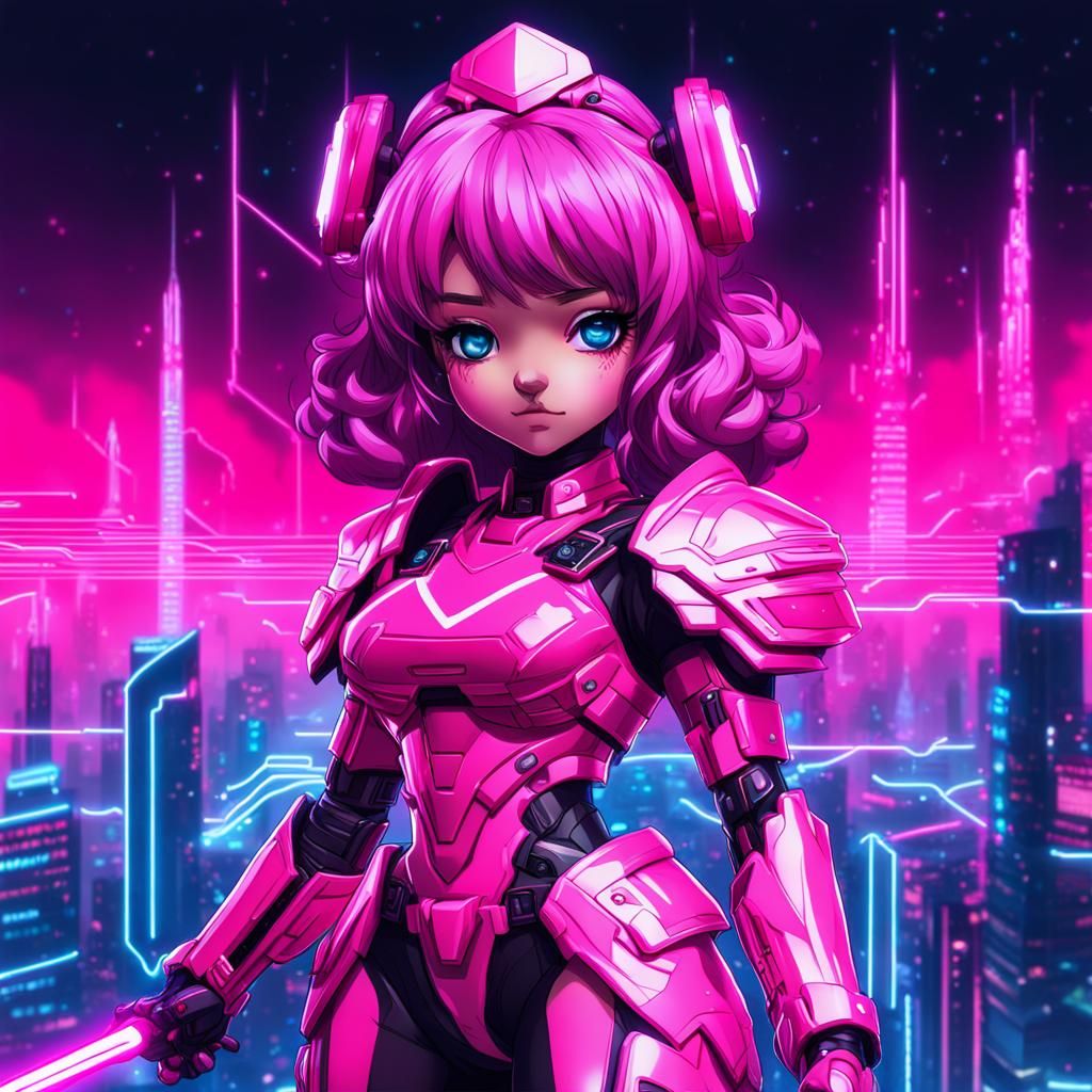 Hyperrealistic Chibi Neon Pink princess has n the cyber real...