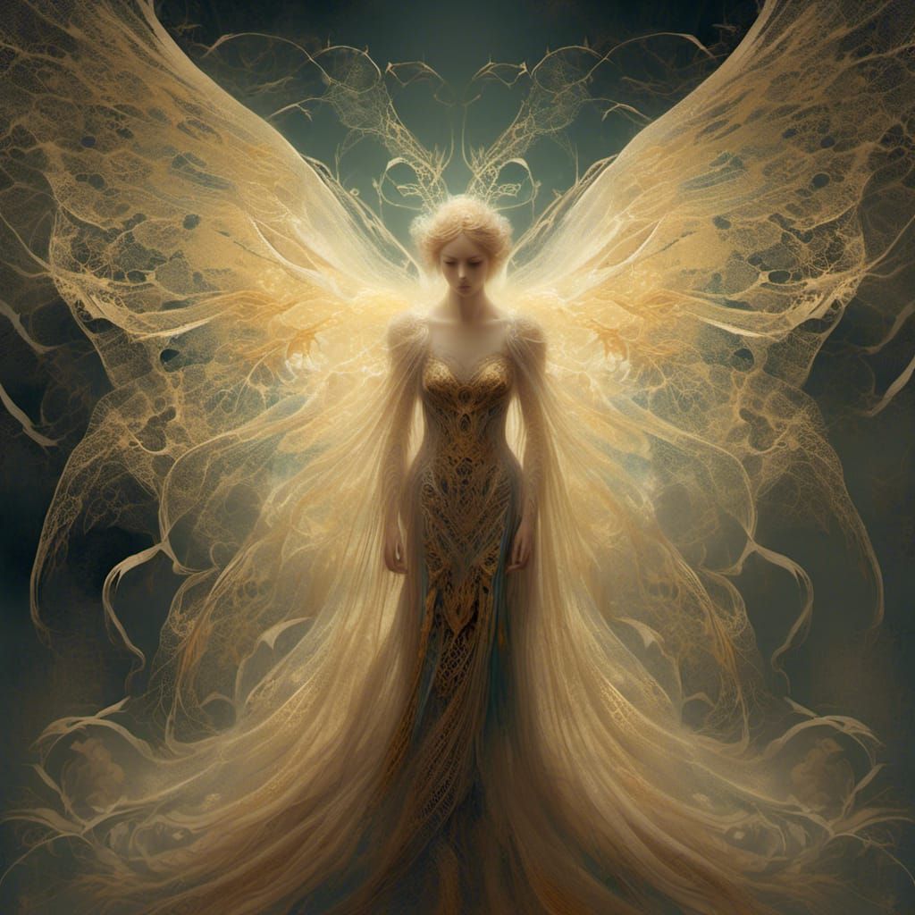 <lora:mist:1.0> Delicate, glowing creature with iridescent w...
