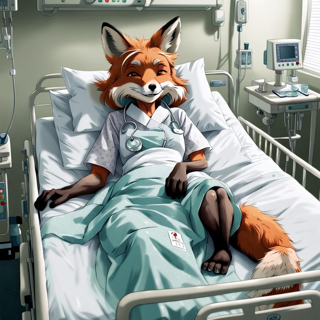 Elderly anthropomorphic female fox in a hospital bed. 