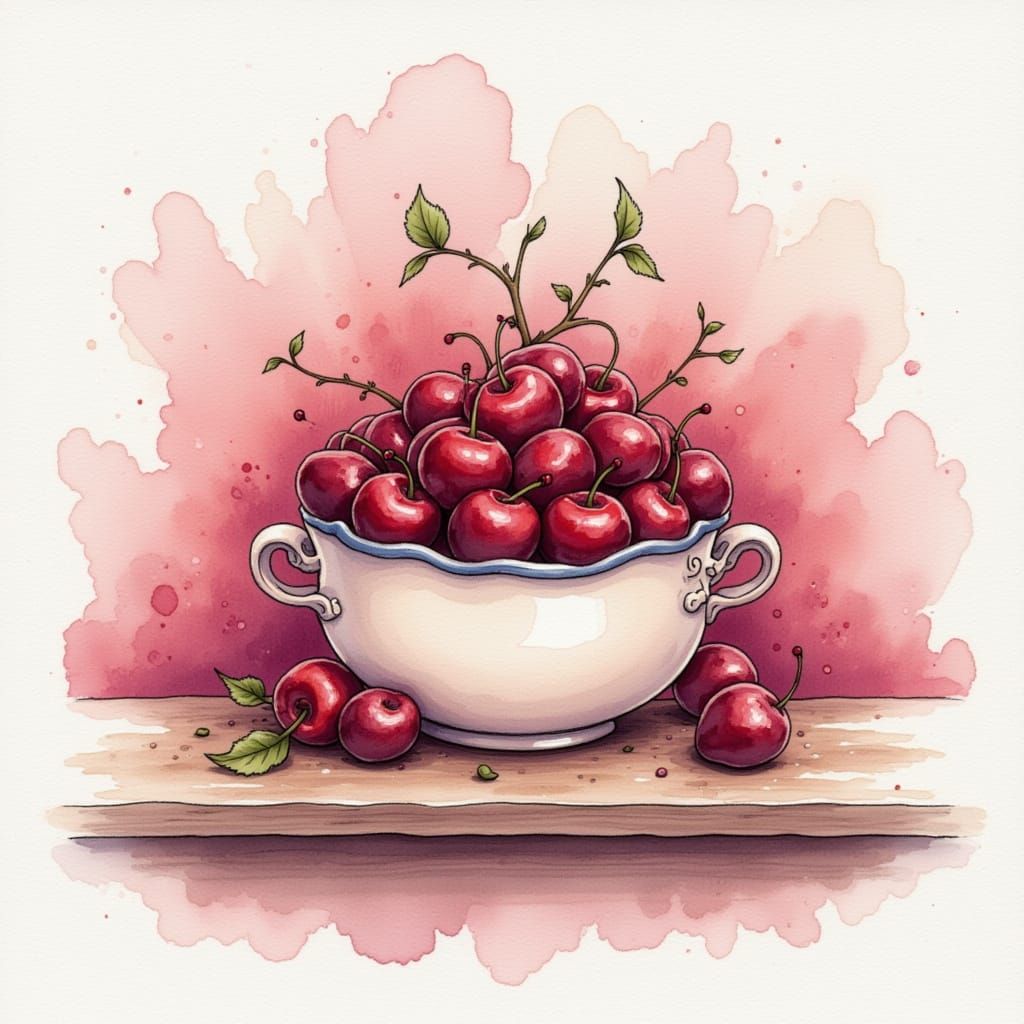 A bowl of ripe cherries on a wooden bench, soft flowing watercolor wash, rich red pigment blooms, light shadow washes, visible wood grain te...