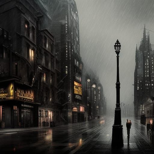 Dark Noir Rainy City Landscape  by @Clockwork Owl