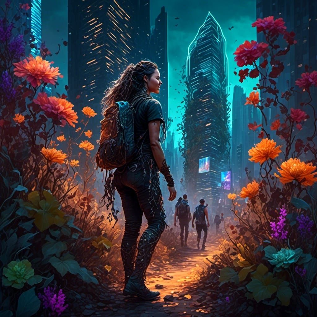 <lora:IndigenousWoman:1.0> A nature spirit walking calmly through a neon-lit city, flowers and vines growing in their footsteps as skyscrap...