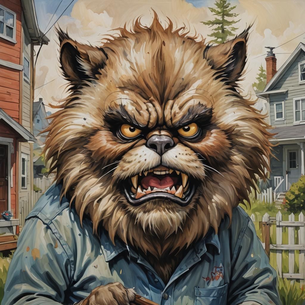 A painting of an angry, furry, grumpy man who is causing tro...