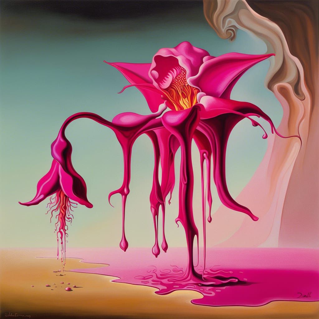 Fuchsia Flower Surrealism Salvador Dali Matte Background Melting Oil On Canvas Ai Generated