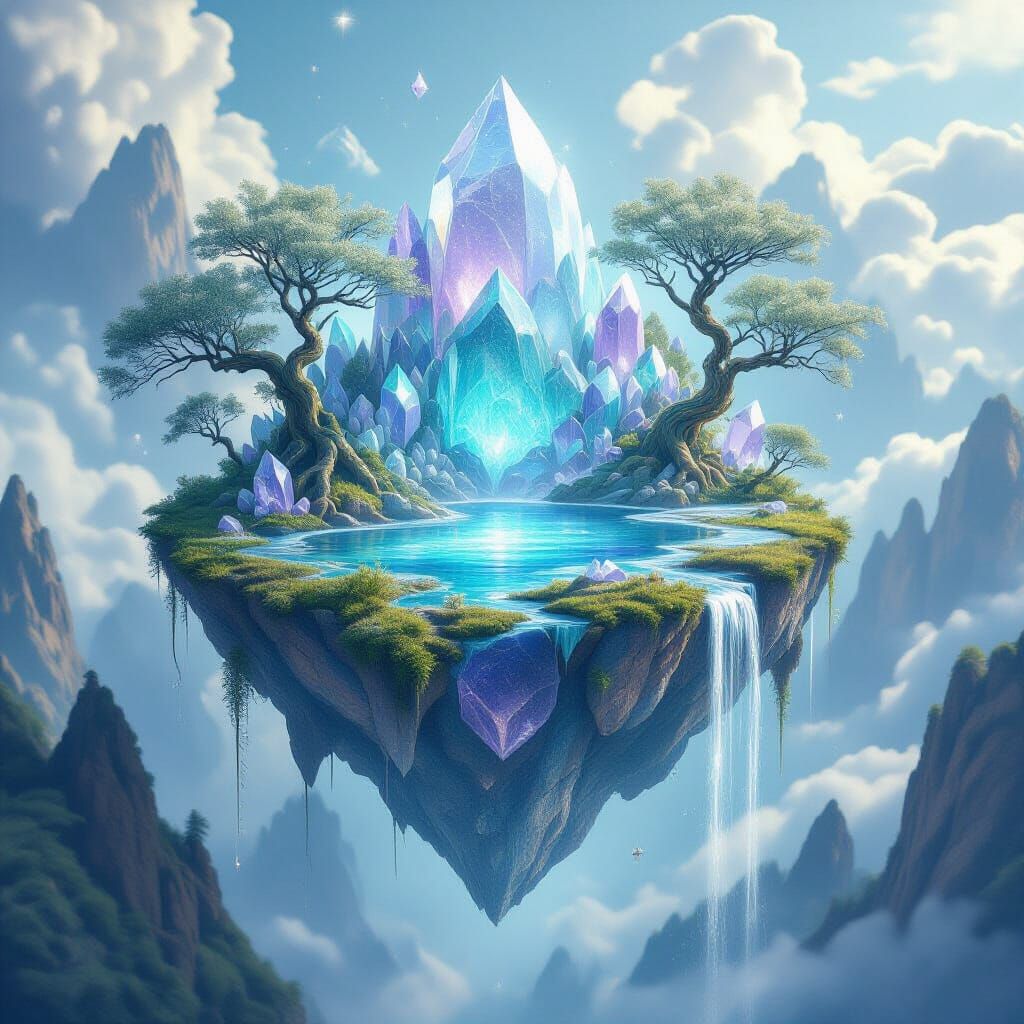 "A highly detailed and intricately rendered floating crystalline island, roughly spherical, approximately the size of a small mountain, susp...
