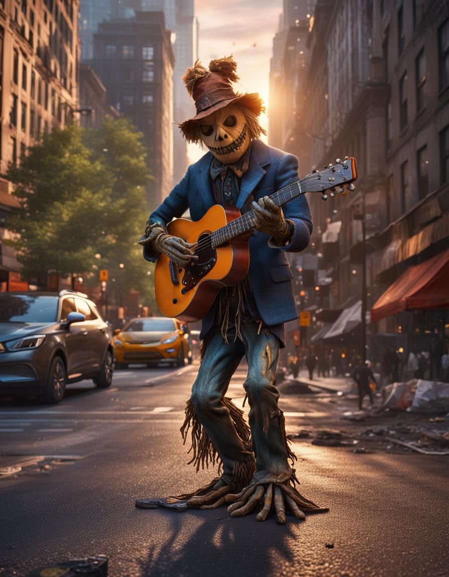 Hyperrealist image of a scarecrow playing an electric guitar...