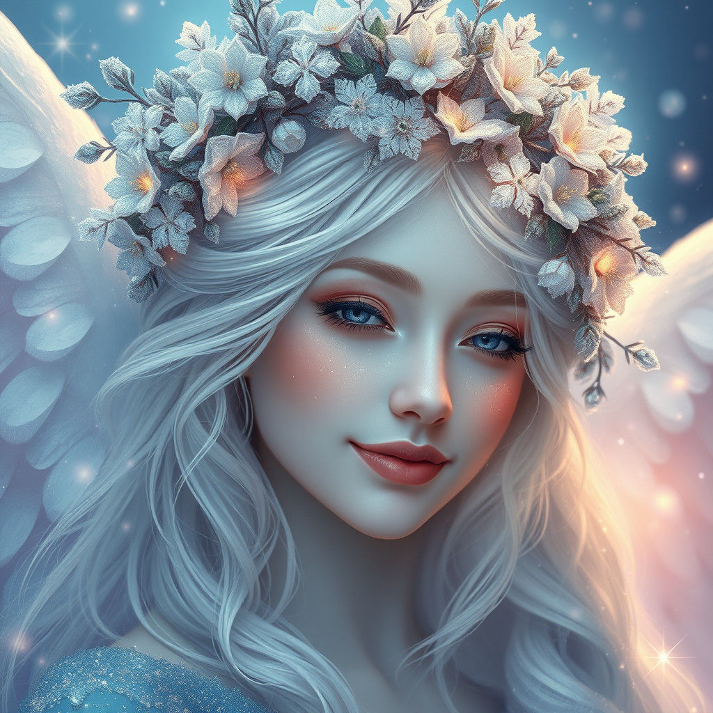 Ethereal Woman with Frosty Aura and Botanical Headdress