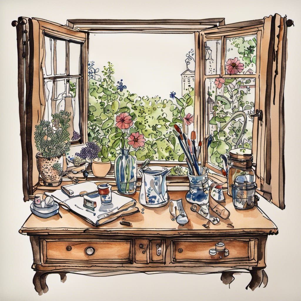 Open window to a garden,summers day,sunshine,trinkets sitting on a dresser, ink drawing,  by @The Bard